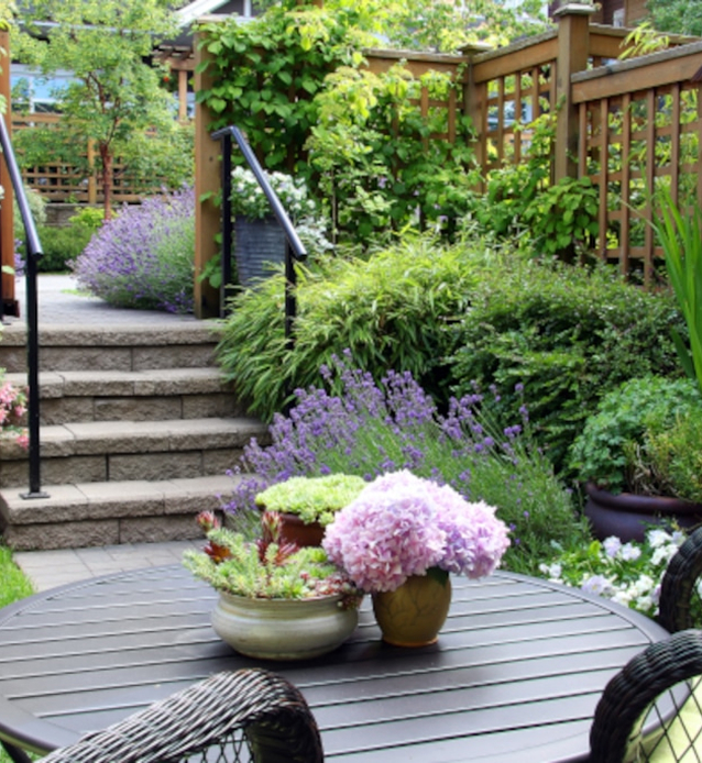 Terrasse mit Treppe und blühender Bepflanzung