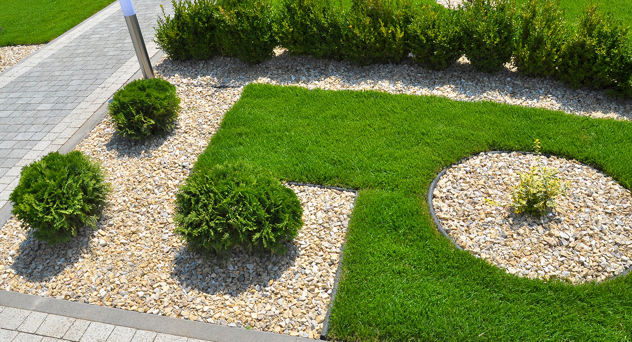Gartenfläche mit Rasen, Kies und Formgehölzen nach der Bodenentsorgung