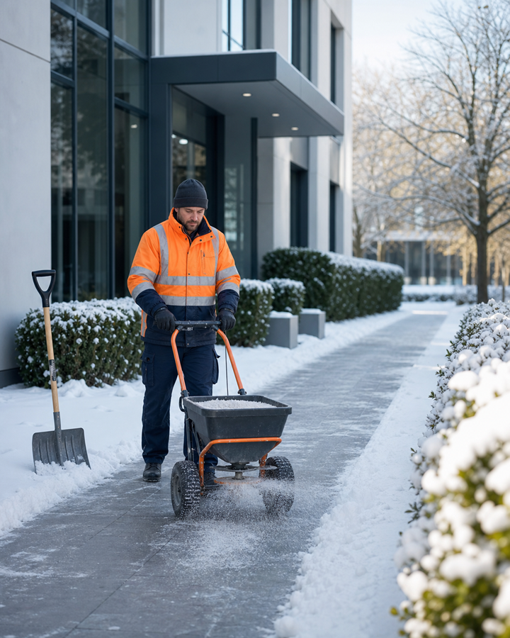 Mitarbeiter streut mit einem Streuwagen einen verschneiten Gehweg