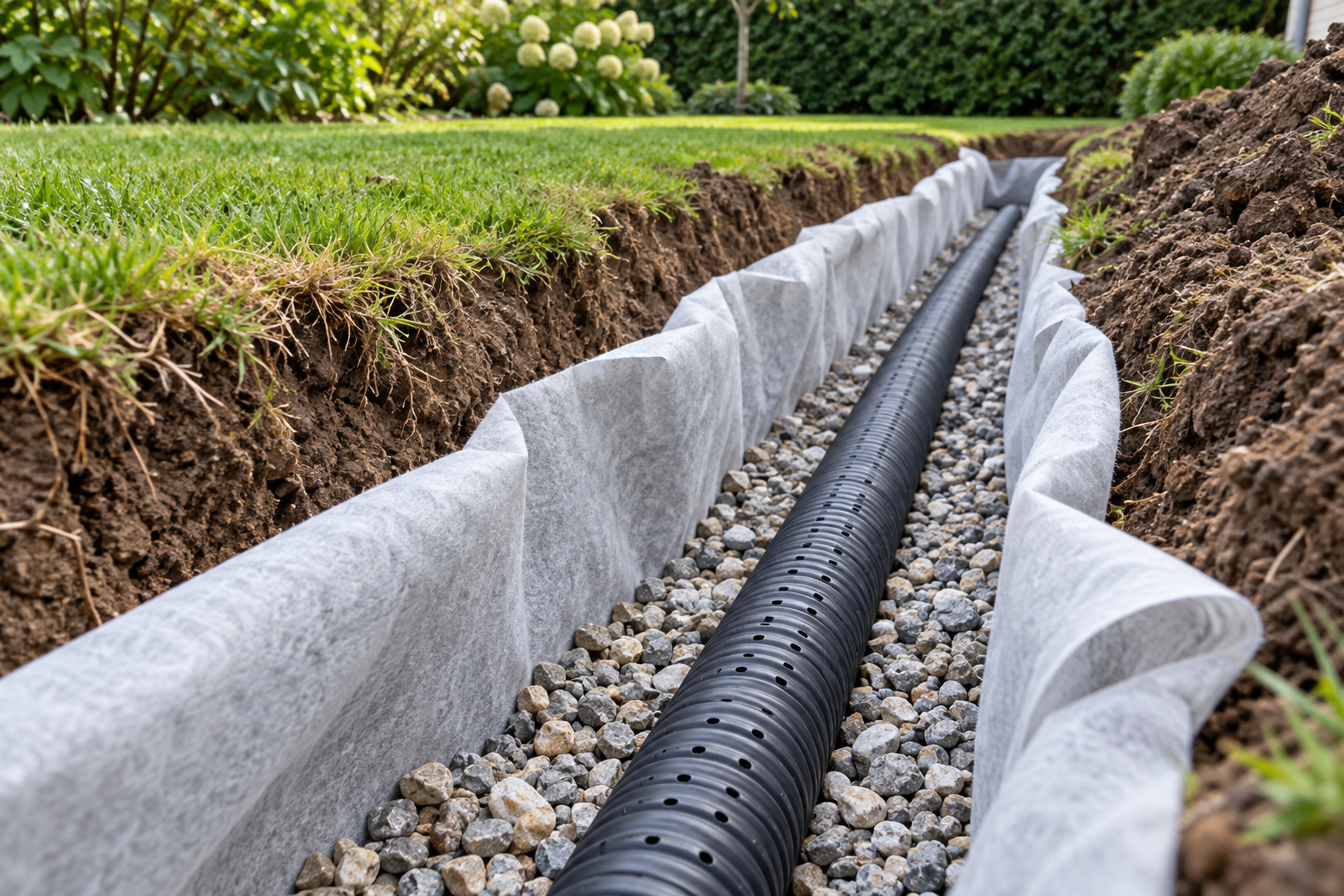 Perforiertes Drainagerohr im Kiesbett mit Filtervlies