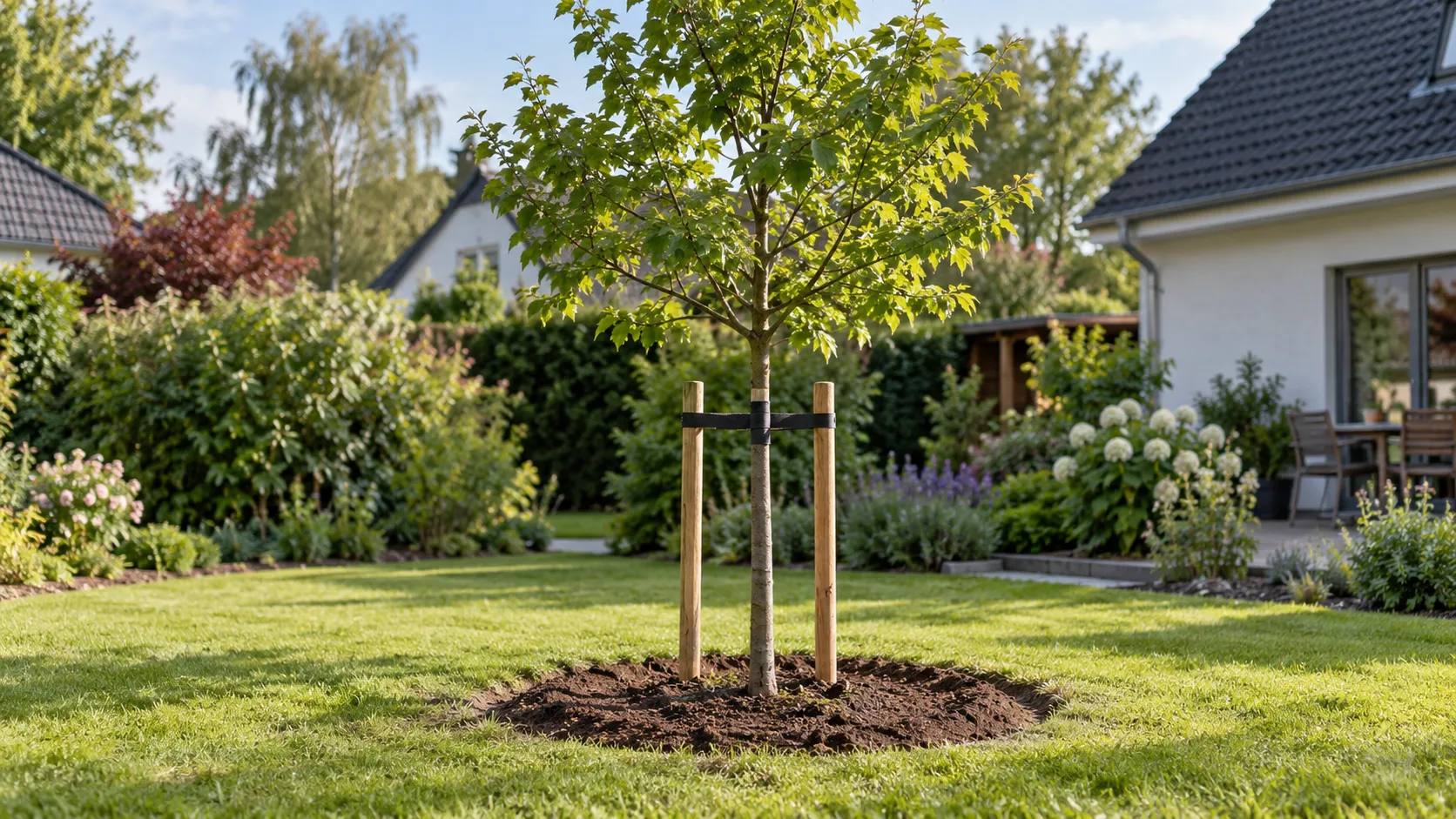Junger Laubbaum mit Stützpfählen und Gießrand als Ersatzpflanzung im Garten