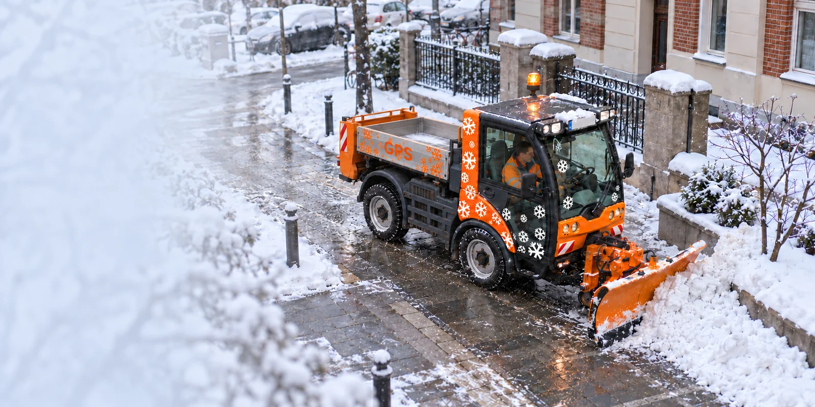 Kompaktes Räumfahrzeug mit Schneeschild auf einem Gehweg vor Wohnhäusern.