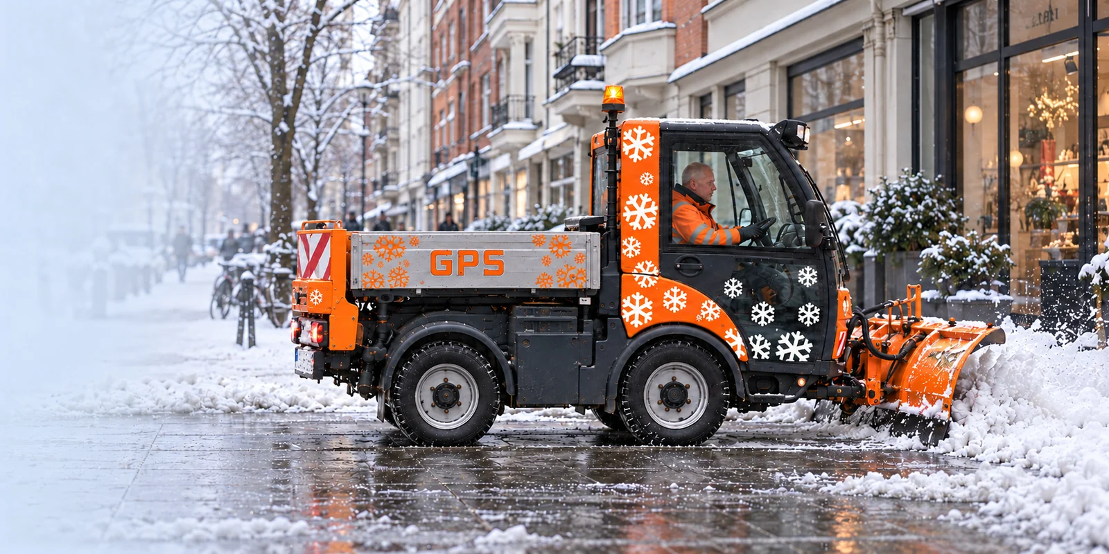 GPS-Räumfahrzeug schiebt Schnee vor einer Geschäftszeile zur Seite.