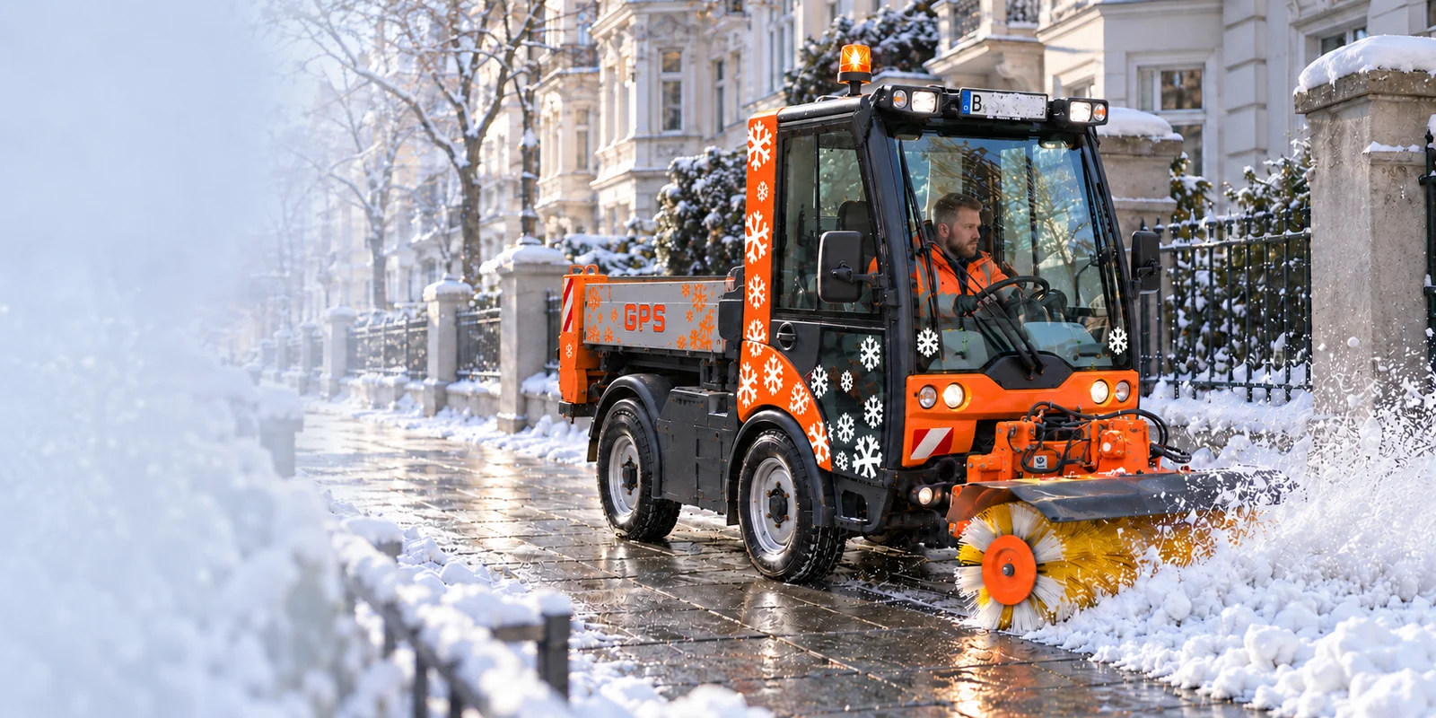 GPS-Winterdienstfahrzeug räumt mit einer Kehrbürste einen Gehweg.