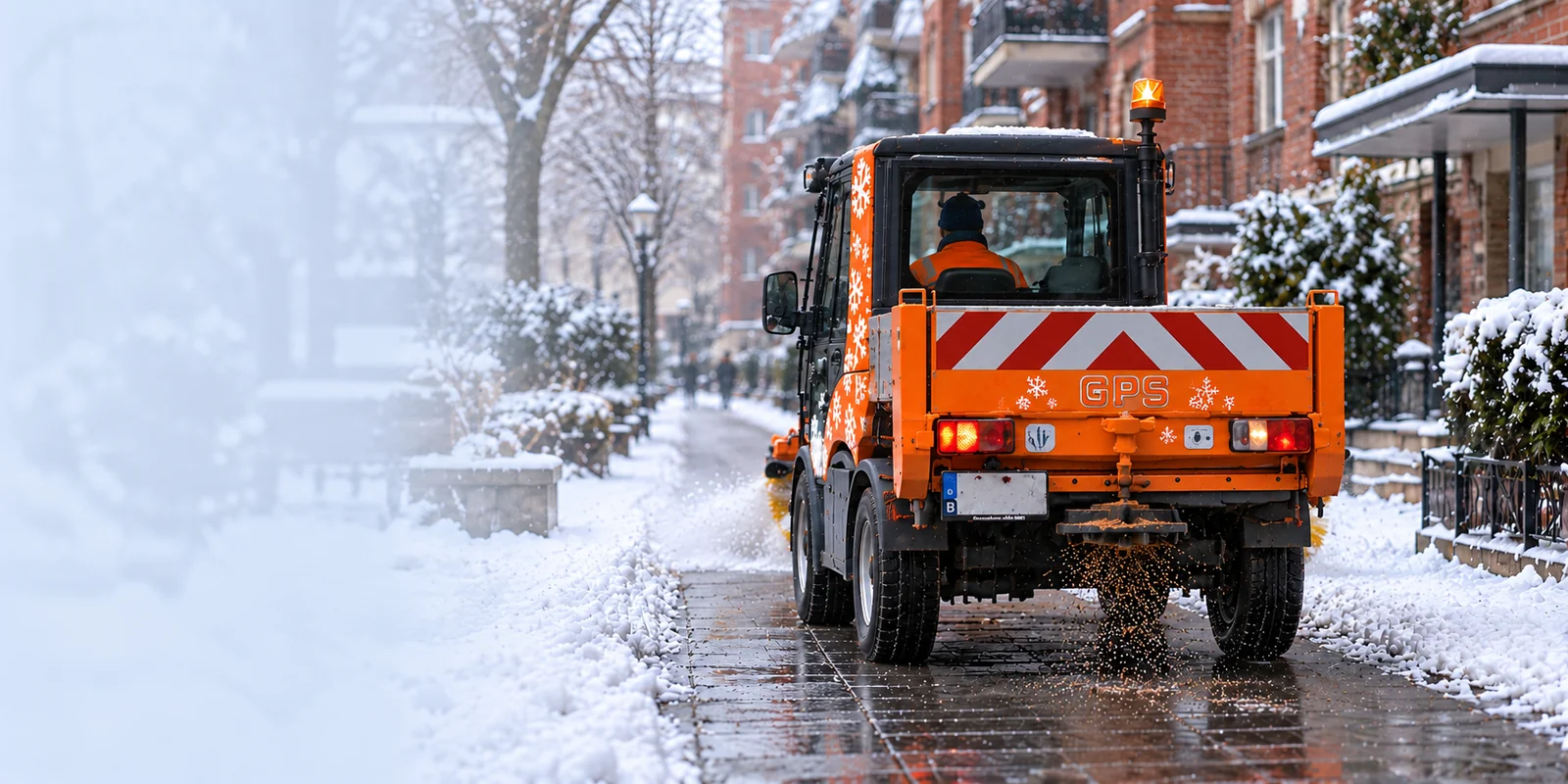 GPS-Winterdienstfahrzeug verteilt Streugut auf einem geräumten Gehweg.