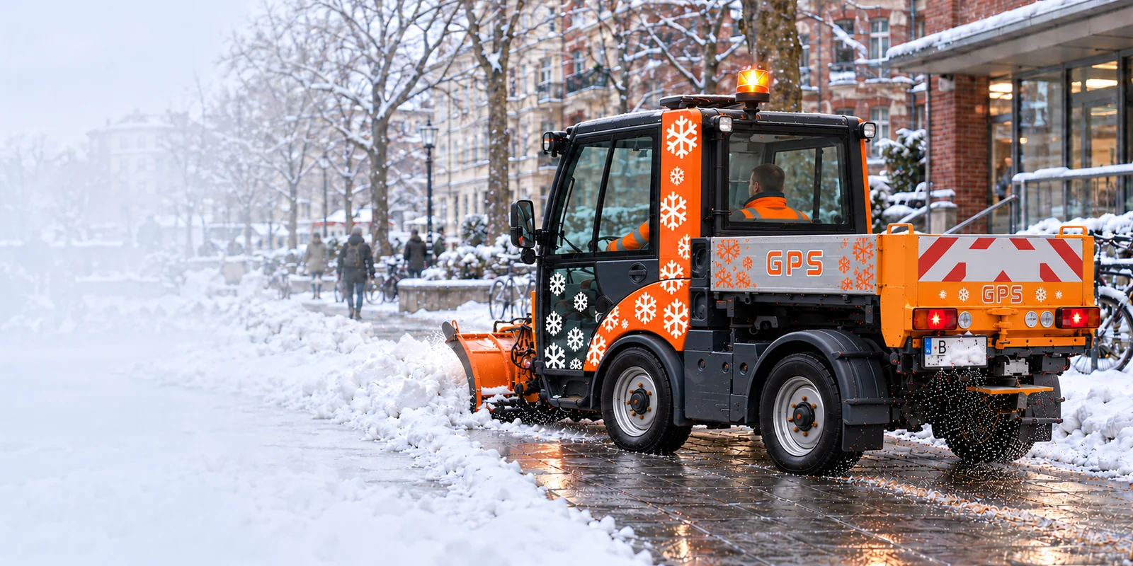 GPS-Winterdienstfahrzeug mit Schneeschild und Heckstreuer auf einem Gehweg.