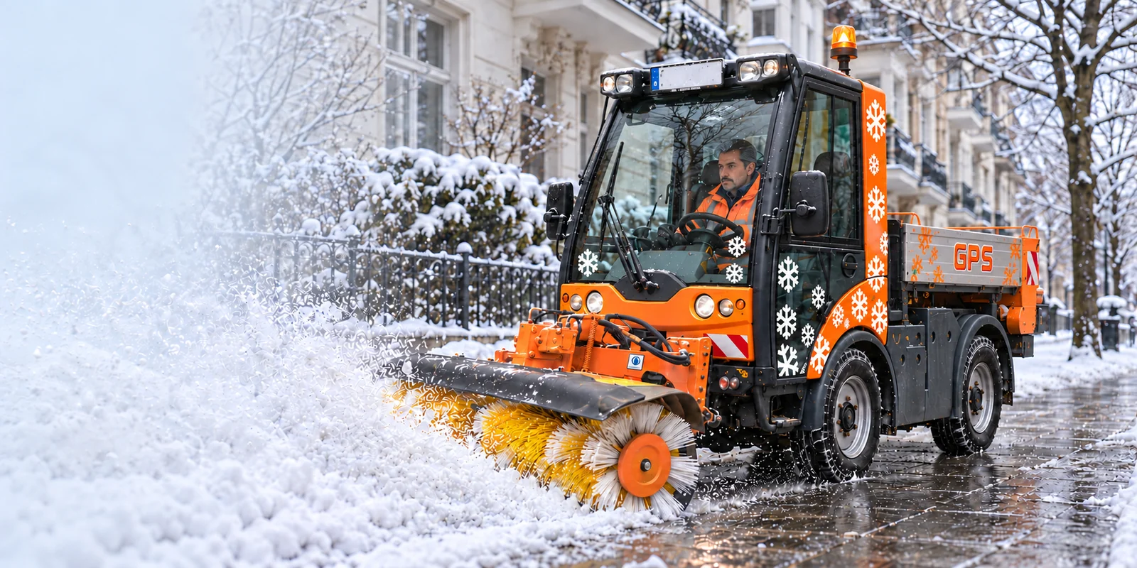 Kompaktes GPS-Winterdienstfahrzeug kehrt Schnee vor Wohnhäusern.