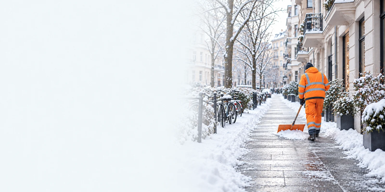 Winterdienstmitarbeiter räumt einen Gehweg mit einer Schneeschaufel.