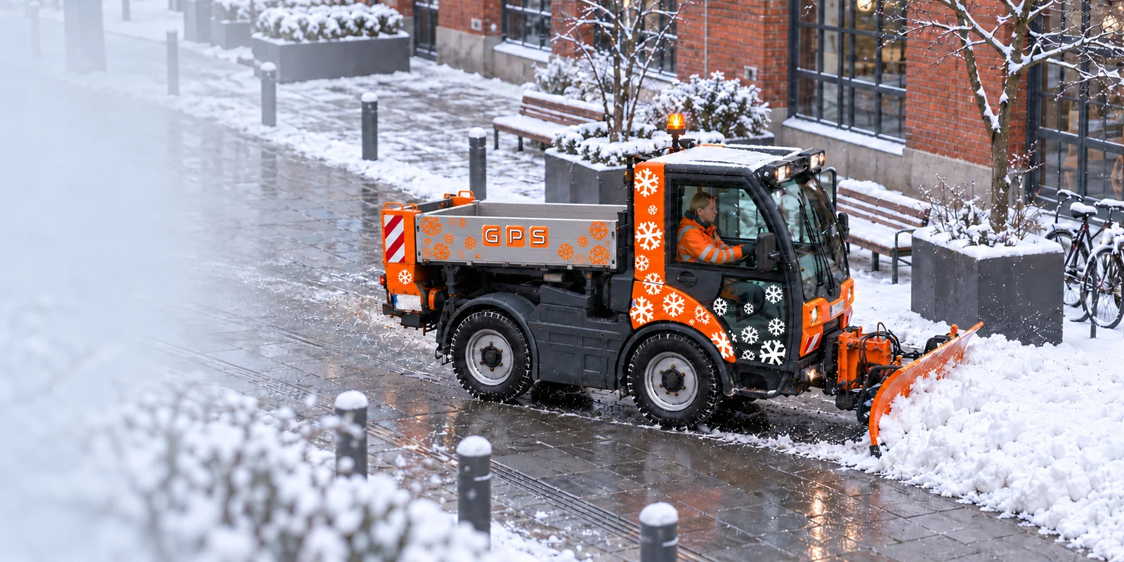 GPS-Räumfahrzeug mit Schneeschild auf einem Vorplatz.